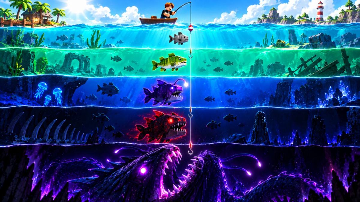 Official Deep Fishing screenshot showing the layered depth zones of the map